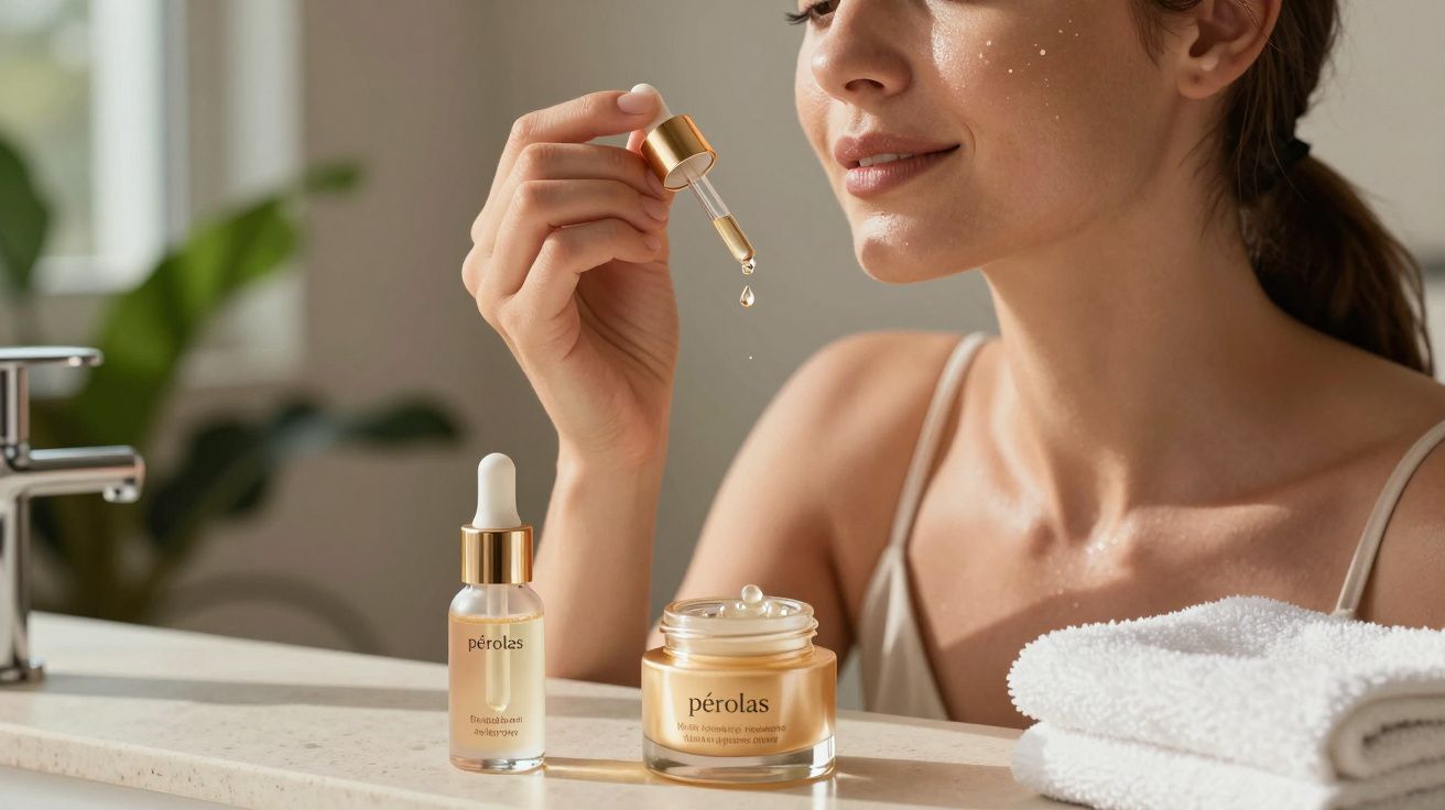 Mulher a aplicar sérum facial com conta-gotas junto a frascos de produtos de beleza e toalhas brancas.