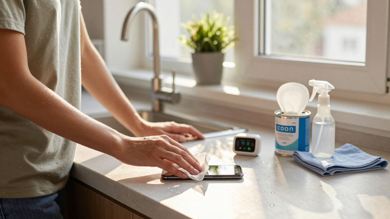 Pessoa a limpar a superfície de um telemóvel com um pano húmido numa bancada de cozinha.