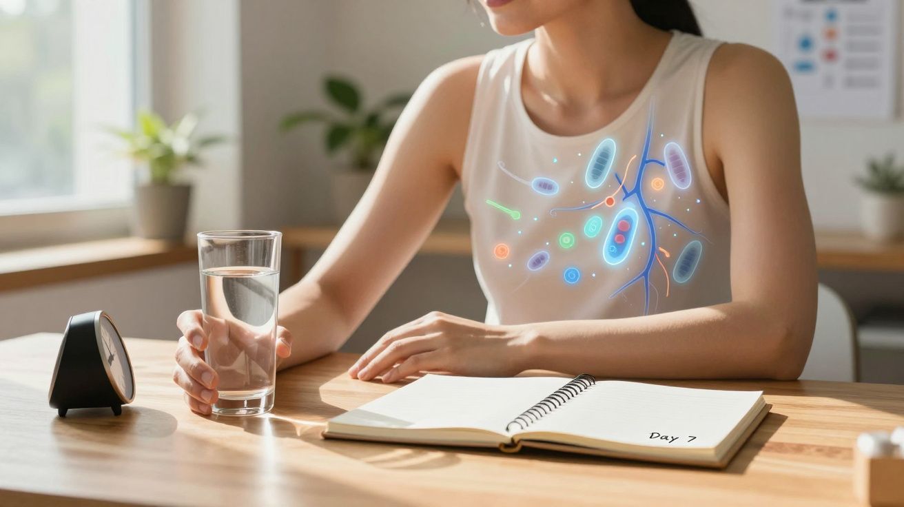 Mulher a beber água sentada numa mesa com ilustração digital de bactérias no peito.