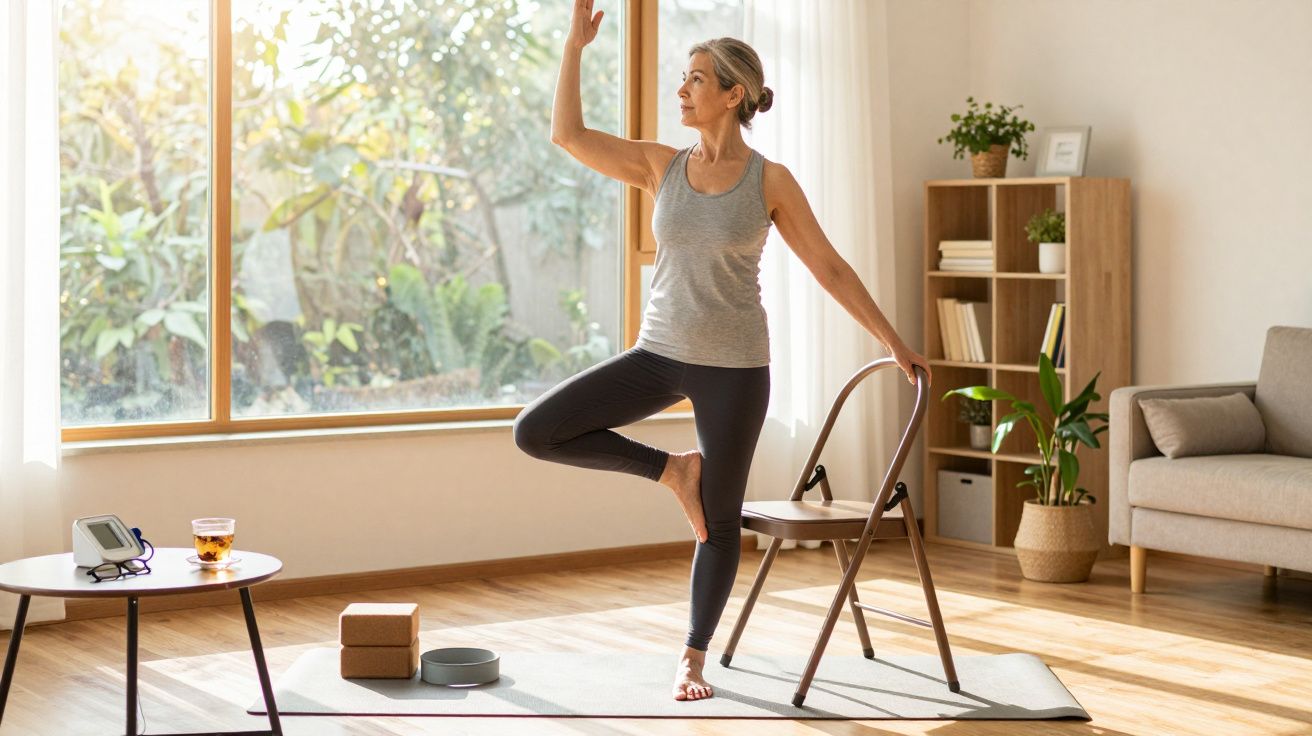 Mulher a fazer yoga em casa, equilibrada numa perna, apoiando-se numa cadeira junto à janela.
