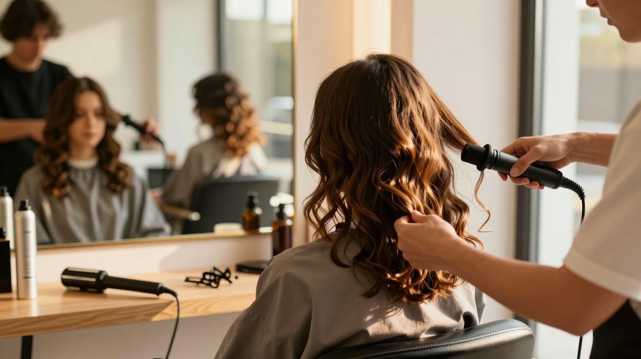 Mulher num salão de cabeleireiro a ter o cabelo encaracolado com um ferro de ondular.