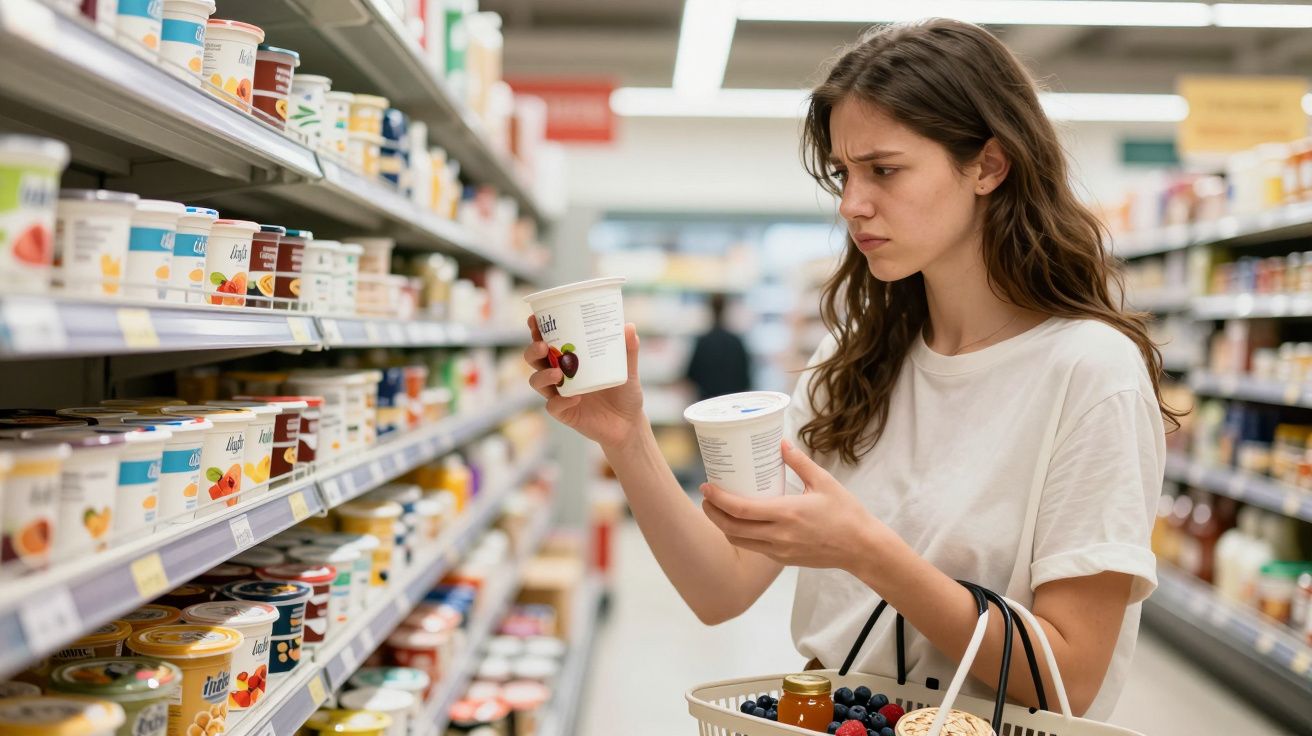 Mulher jovem a comparar dois iogurtes na secção de laticínios de um supermercado.