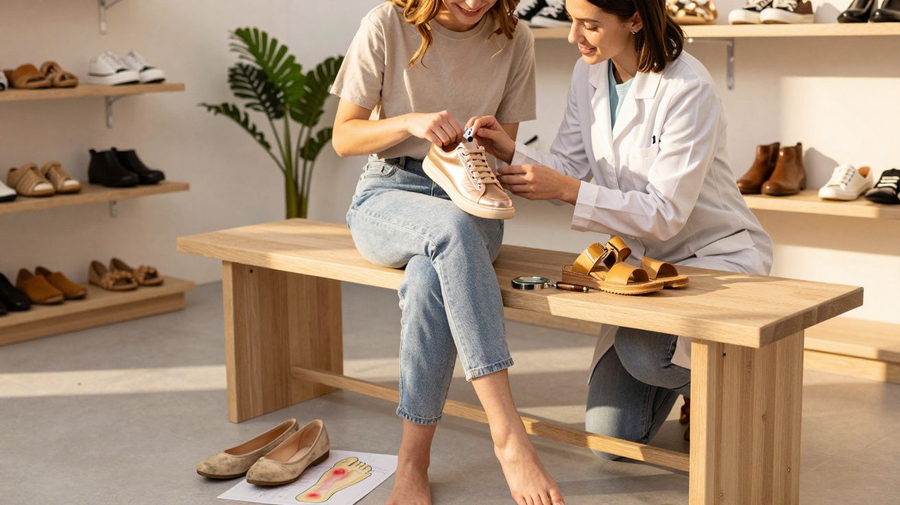 Mulher sentada prova ténis com ajuda de profissional da saúde num centro de ortopedia.