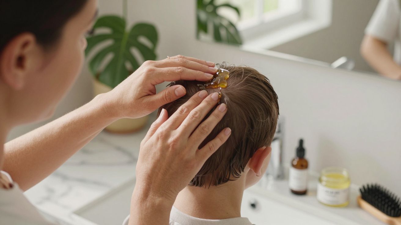 Pessoa aplicando óleo capilar no cabelo molhado de criança em casa, próxima a um espelho.