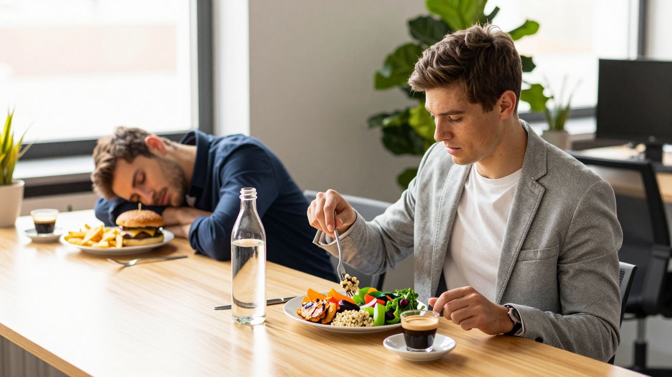 Dois homens em escritório, um a comer uma refeição saudável e outro adormecido com hambúrguer e batatas fritas.