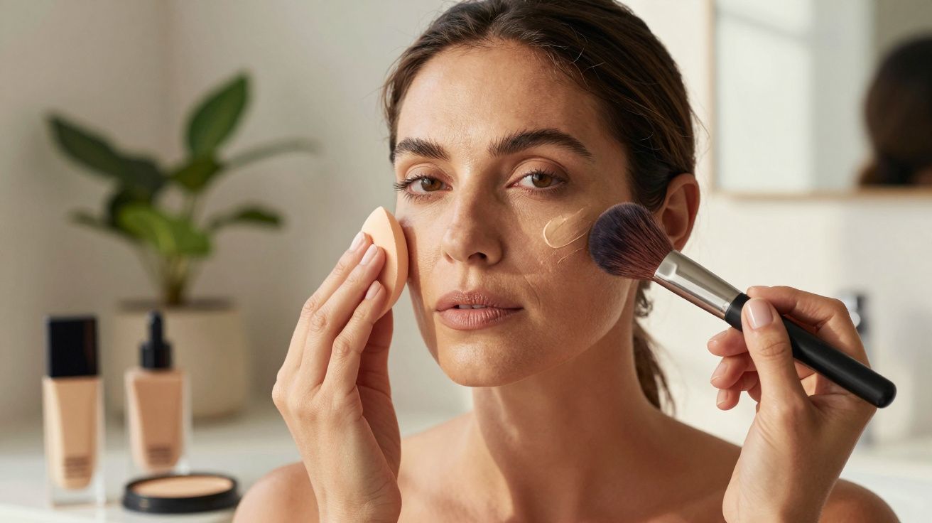 Mulher a aplicar base com esponja e pincel, produto de maquilhagem e planta ao fundo.