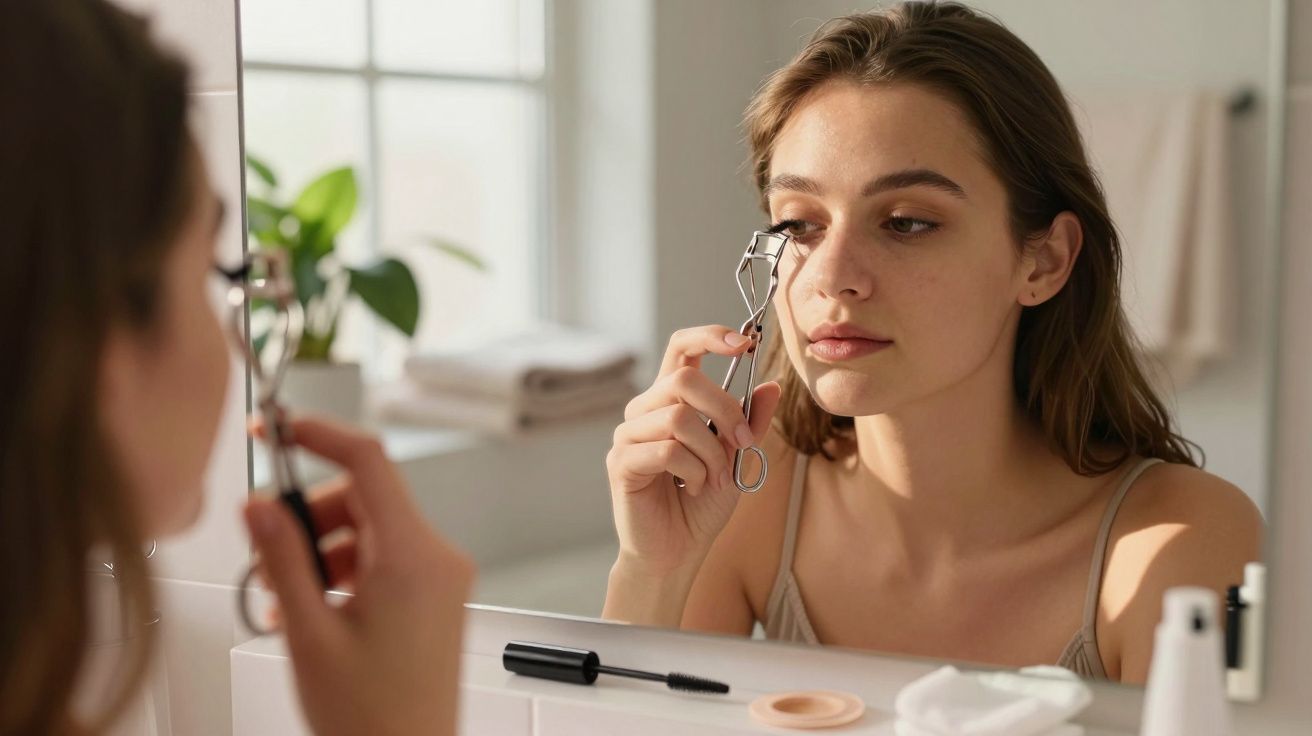 Mulher a usar curvex para pestanas em frente a um espelho numa casa de banho.