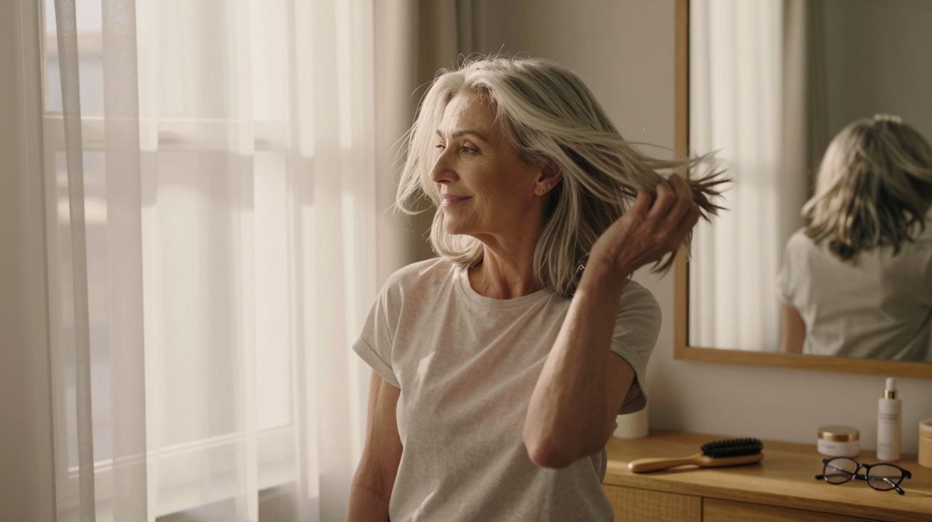 Mulher idosa com cabelo grisalho sorrindo enquanto mexe no cabelo perto de uma janela com cortinas transparentes.
