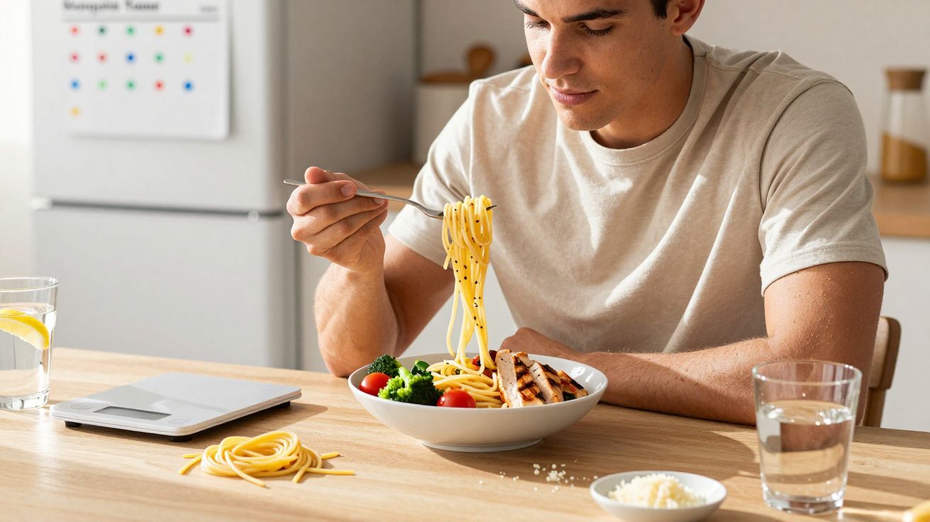 Homem sentado à mesa a comer prato de massa com legumes e frango grelhado, com copos de água à frente.