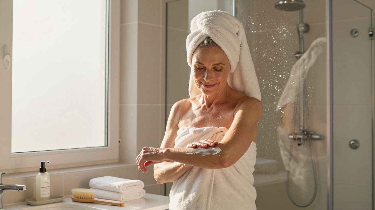 Mulher madura com toalha no cabelo aplica creme nos braços numa casa de banho iluminada.