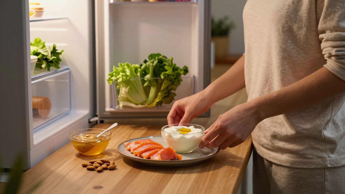 Pessoa a preparar prato com salmão, iogurte e amêndoas junto a frigorífico aberto e alface.
