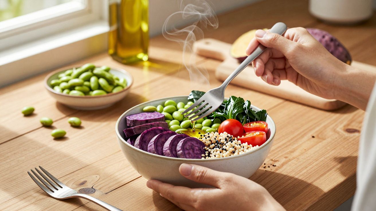 Pessoa segurando taça com batata doce roxa, edamame, tomate cherry, quinoa e verduras numa mesa de madeira.