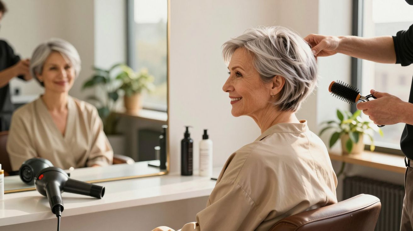 Mulher com cabelo grisalho sorridente a ser penteada num salão de beleza, sentada à frente de um espelho.
