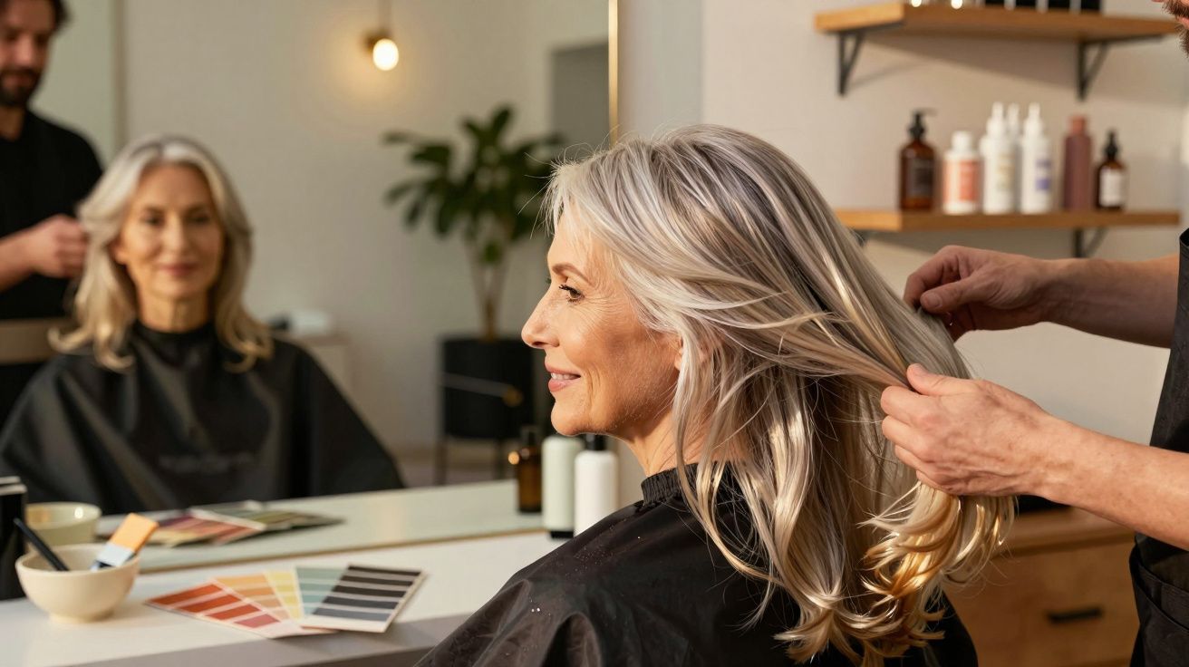 Mulher de cabelos grisalhos sentada num cabeleireiro a ser penteada por um profissional.