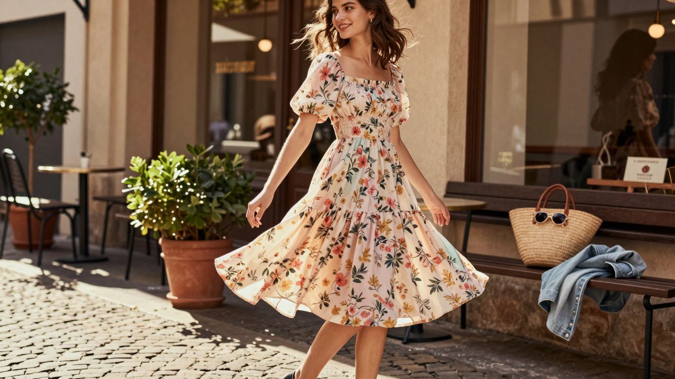 Mulher jovem a girar numa rua de pedra com vestido floral claro, ambiente urbano e ensolarado.