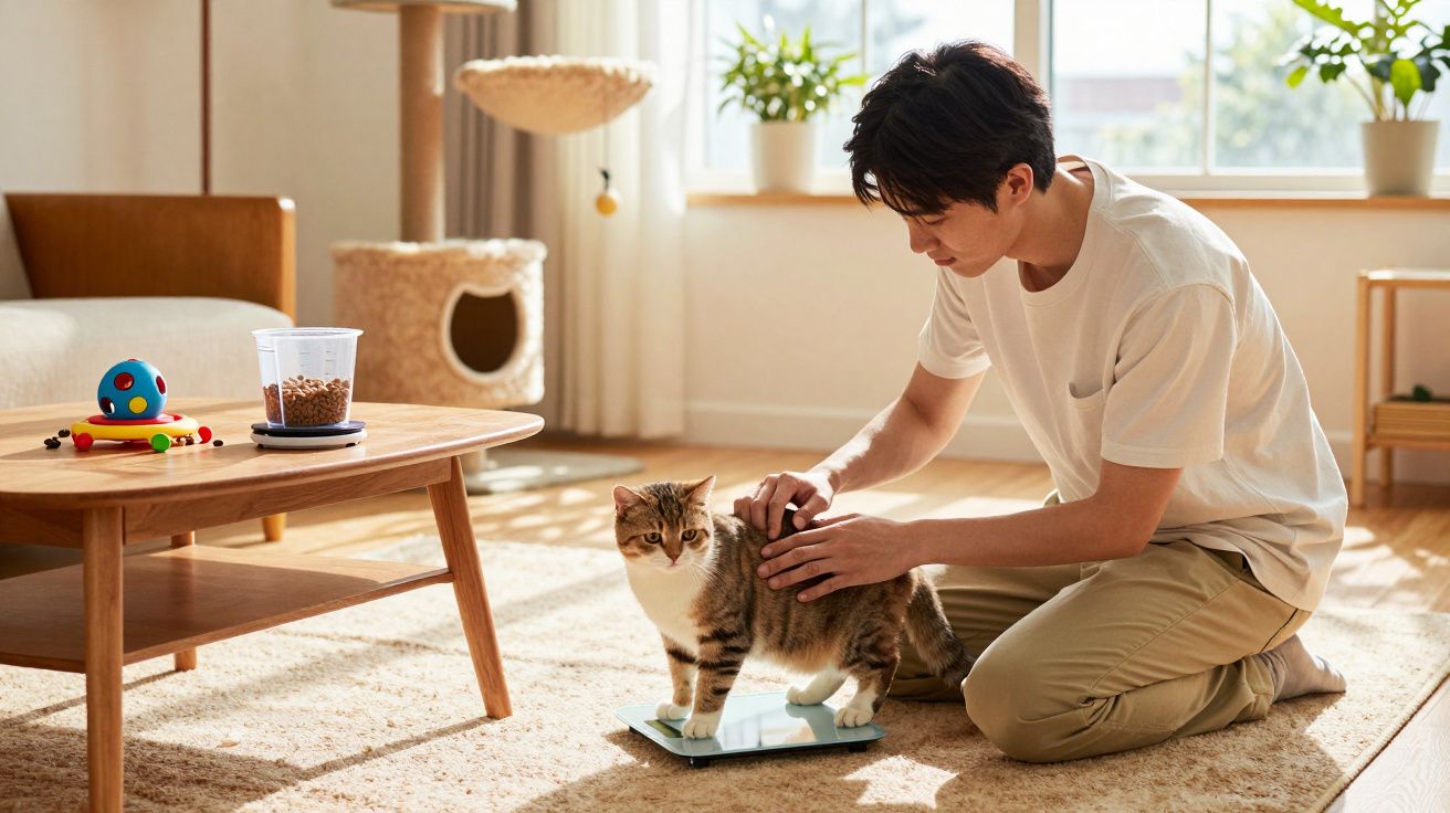 Homem a pesar um gato numa balança numa sala iluminada com brinquedos e plantas.