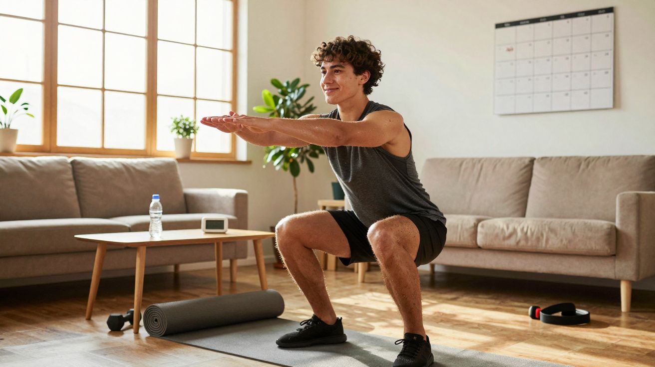 Jovem a fazer agachamento numa sala de estar com tapete de exercício, garrafa de água e calendários na parede.