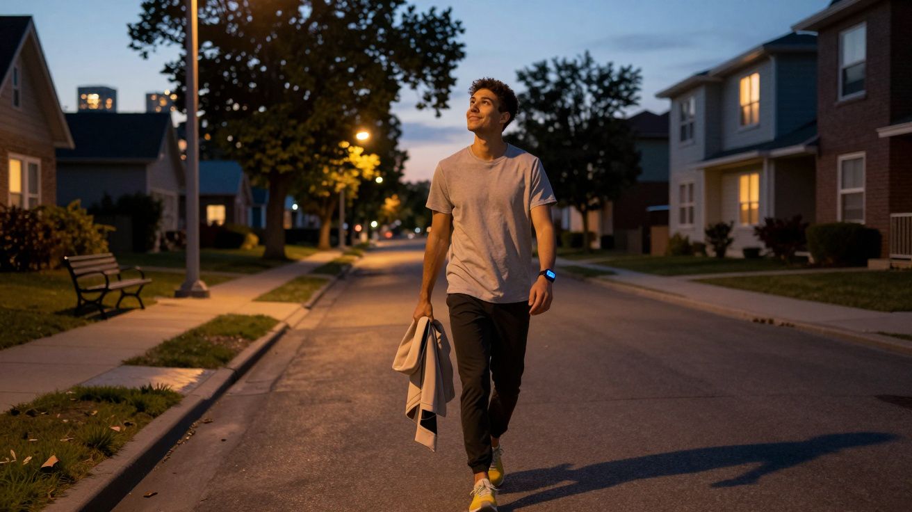 Jovem a caminhar à noite numa rua residencial, segurando uma camisola e olhando para cima.