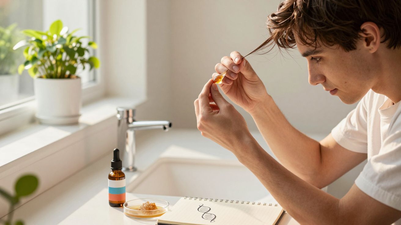 Jovem aplica óleo capilar em cabelo numa casa de banho, ao lado de planta, frasco e caderno com desenho DNA.