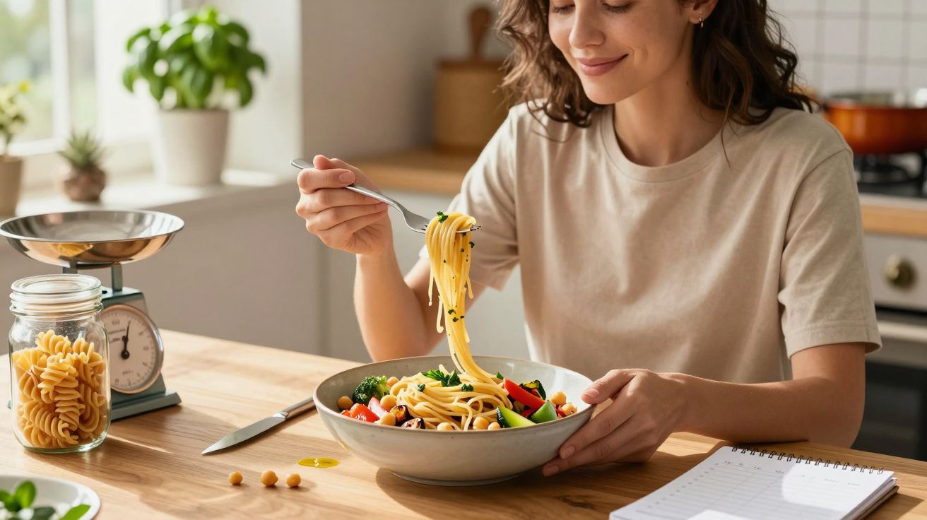 Mulher a comer massa com legumes numa cozinha luminosa, sentada à mesa com caderno aberto.
