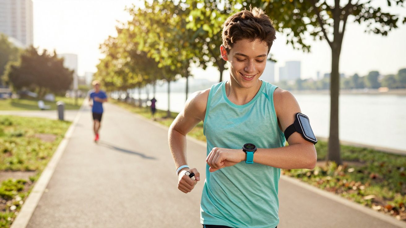 Jovem a correr num parque junto a um rio, a olhar para o relógio de pulso durante o treino.