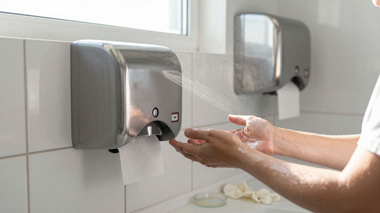 Mãos a serem secas por secador automático de ar num lavatório com azulejos brancos.