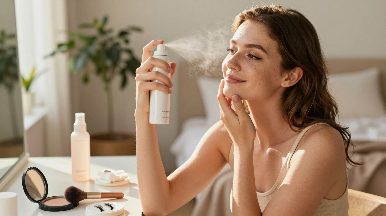 Mulher aplica spray facial sentado à secretária com produtos de maquilhagem num quarto iluminado.