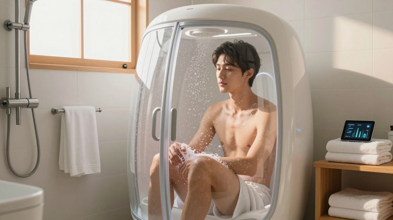 Homem sentado numa cápsula de banho a relaxar numa casa de banho moderna e luminosa.