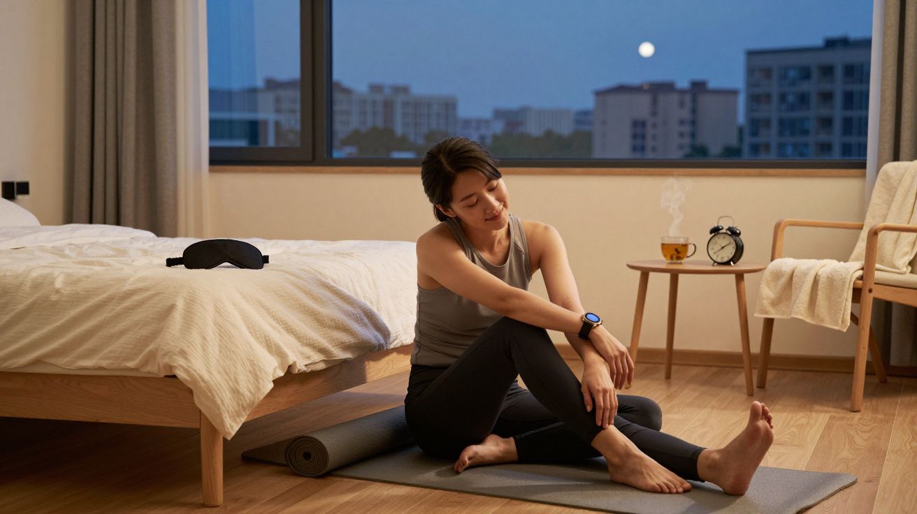 Mulher sentada em tapete de yoga a esticar-se num quarto com cama e janela ao anoitecer.