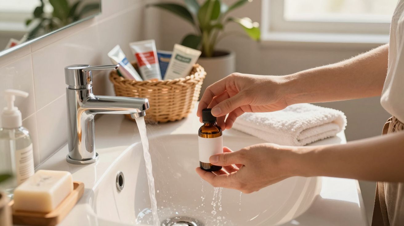 Pessoa a segurar frasco pequeno junto a lava mão com torneira aberta e produtos de higiene na toalha.