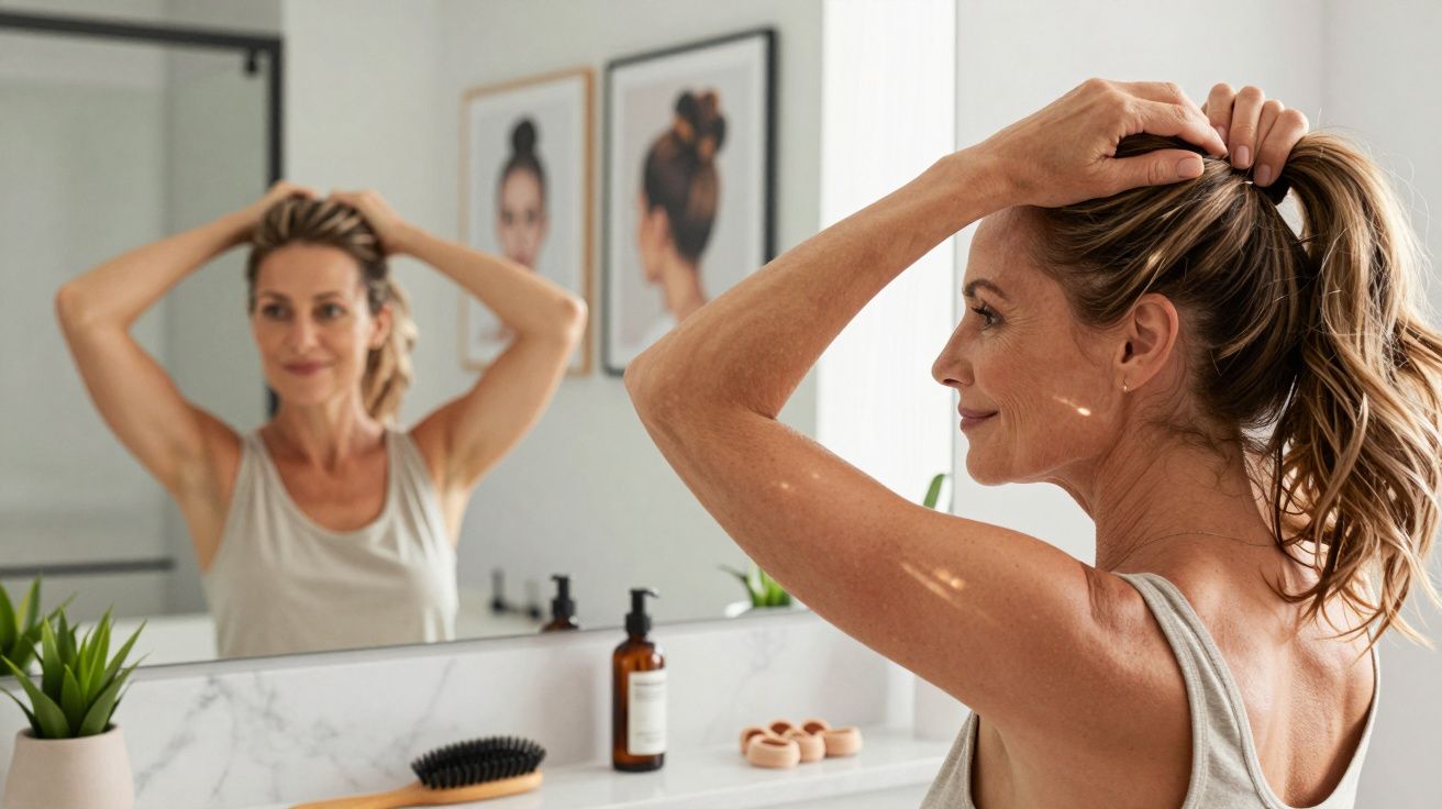Mulher penteando o cabelo num espelho de casa de banho moderna, com plantas e produtos de beleza.