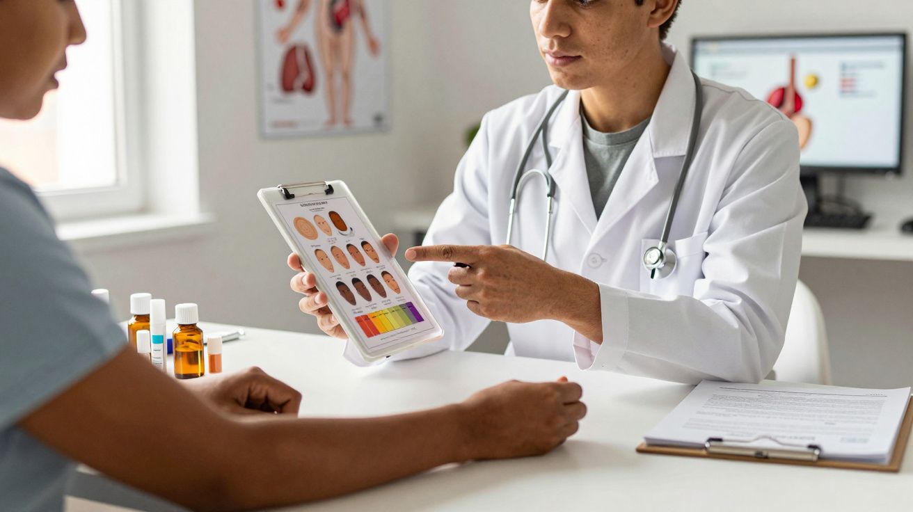 Médico explica a um paciente resultados médicos numa tabela colorida, numa consulta num consultório.