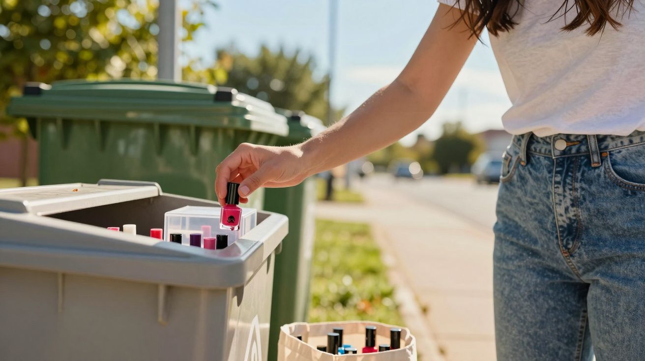 Pessoa a reciclar frascos de verniz de unhas coloridos num contentor de reciclagem ao ar livre.