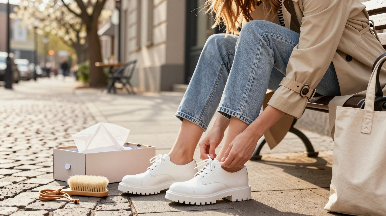 Pessoa a calçar sapatos brancos enquanto está sentada num banco numa rua de calçada, com caixa de sapatos ao lado.