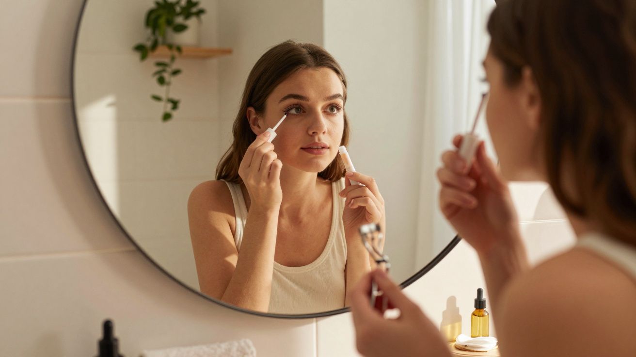 Mulher jovem a aplicar máscara de pestanas em frente a um espelho redondo numa casa de banho iluminada.