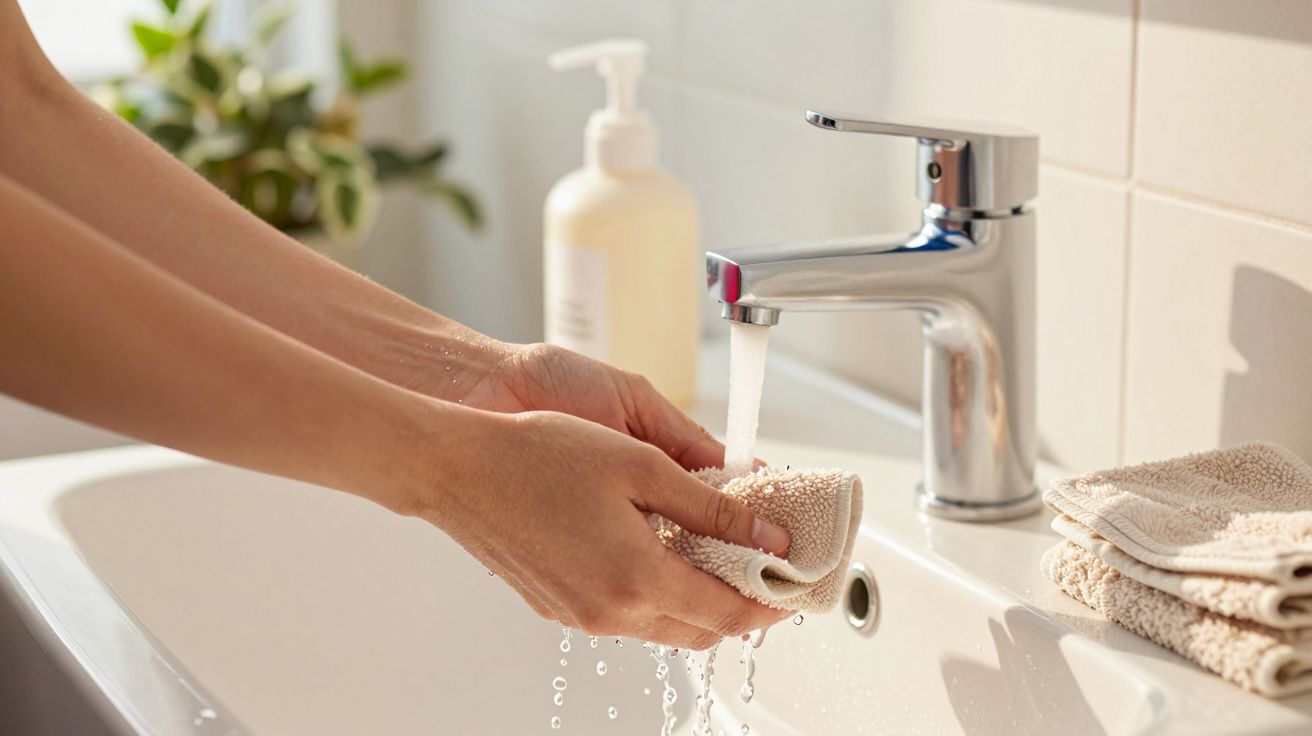 Pessoa a lavar um pano de limpeza em água corrente numa pia de casa de banho.