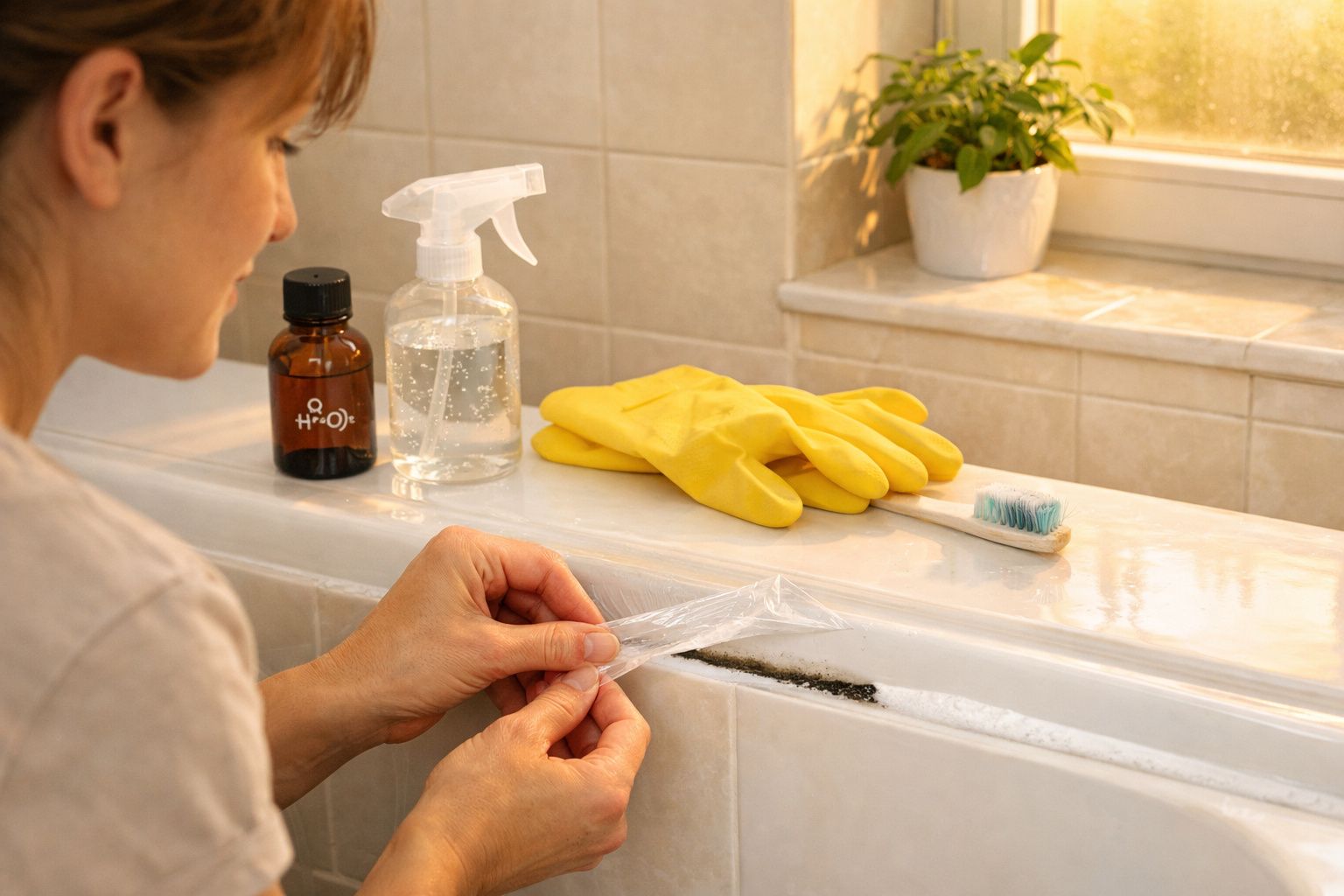 Pessoa retirando película autocolante para limpar bolor em janela de casa de banho com luvas e spray na bancada.