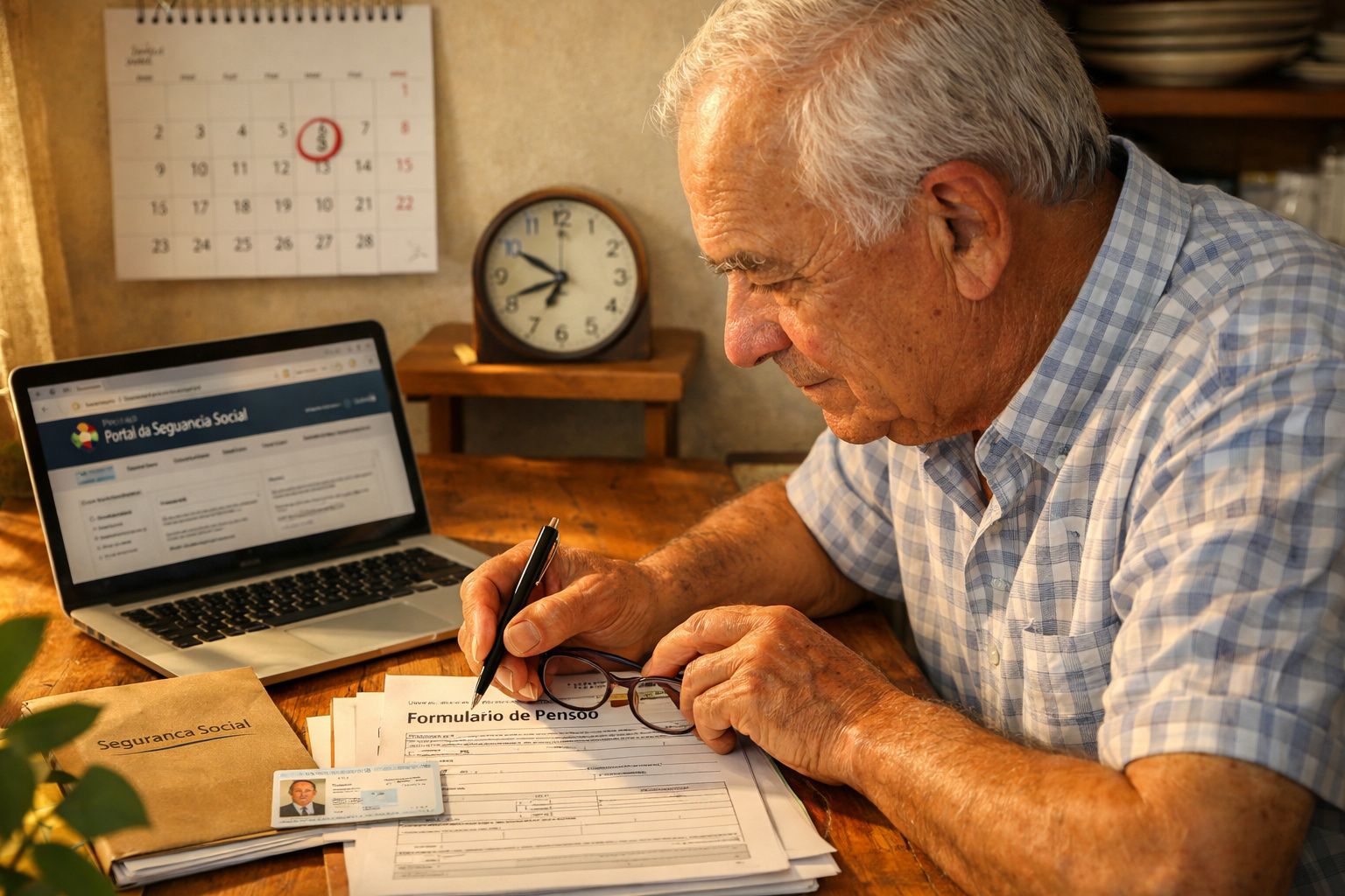 Idoso a preencher formulário de pensão com computador, relógio e calendário numa mesa de madeira.