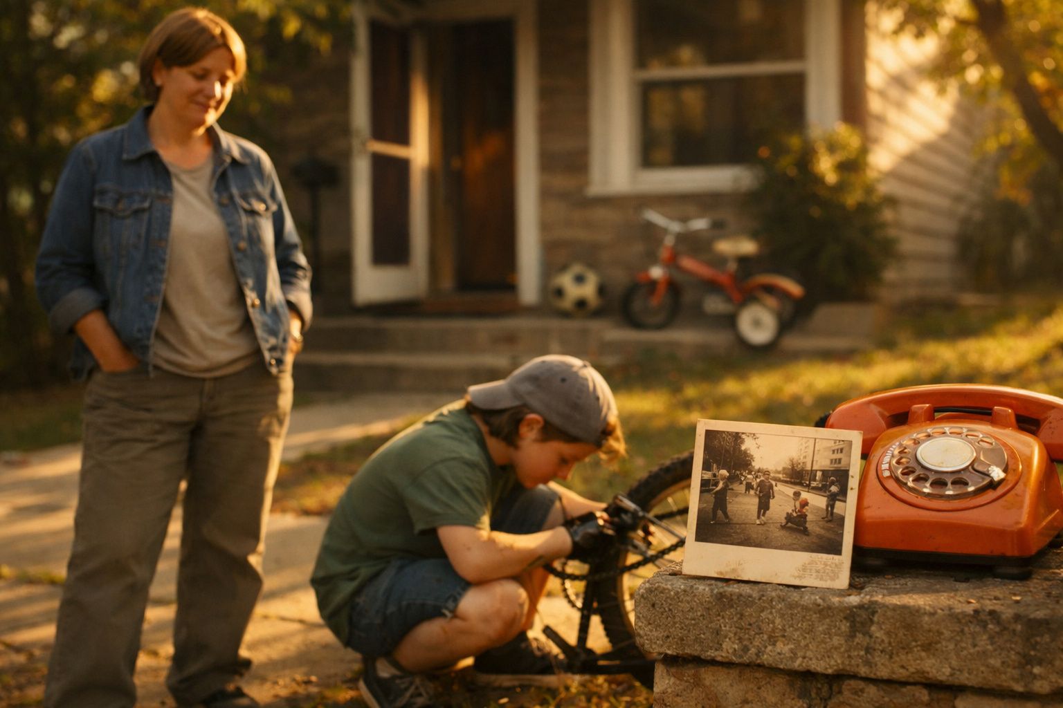 Criança a arranjar bicicleta, adulto observa, foto antiga e telefone vintage em primeiro plano no quintal.