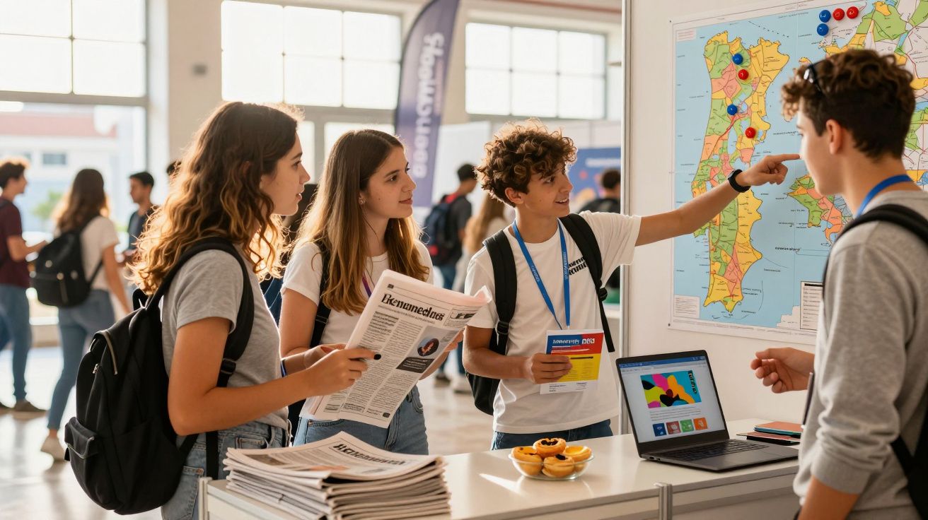 Grupo de jovens a analisar mapa de Portugal e a discutir, com jornais e computador numa mesa.