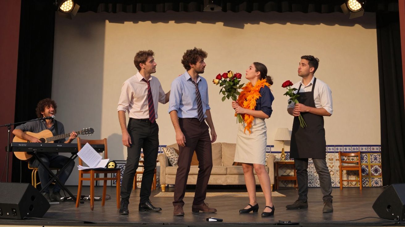 Grupo de atores em palco durante apresentação teatral, com um músico a tocar guitarra sentando-se ao lado.