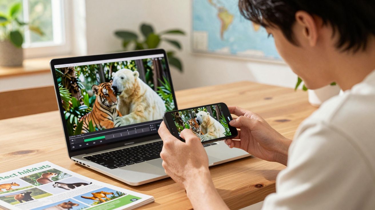 Pessoa a assistir a vídeo de um urso polar a abraçar um tigre na sala iluminada.