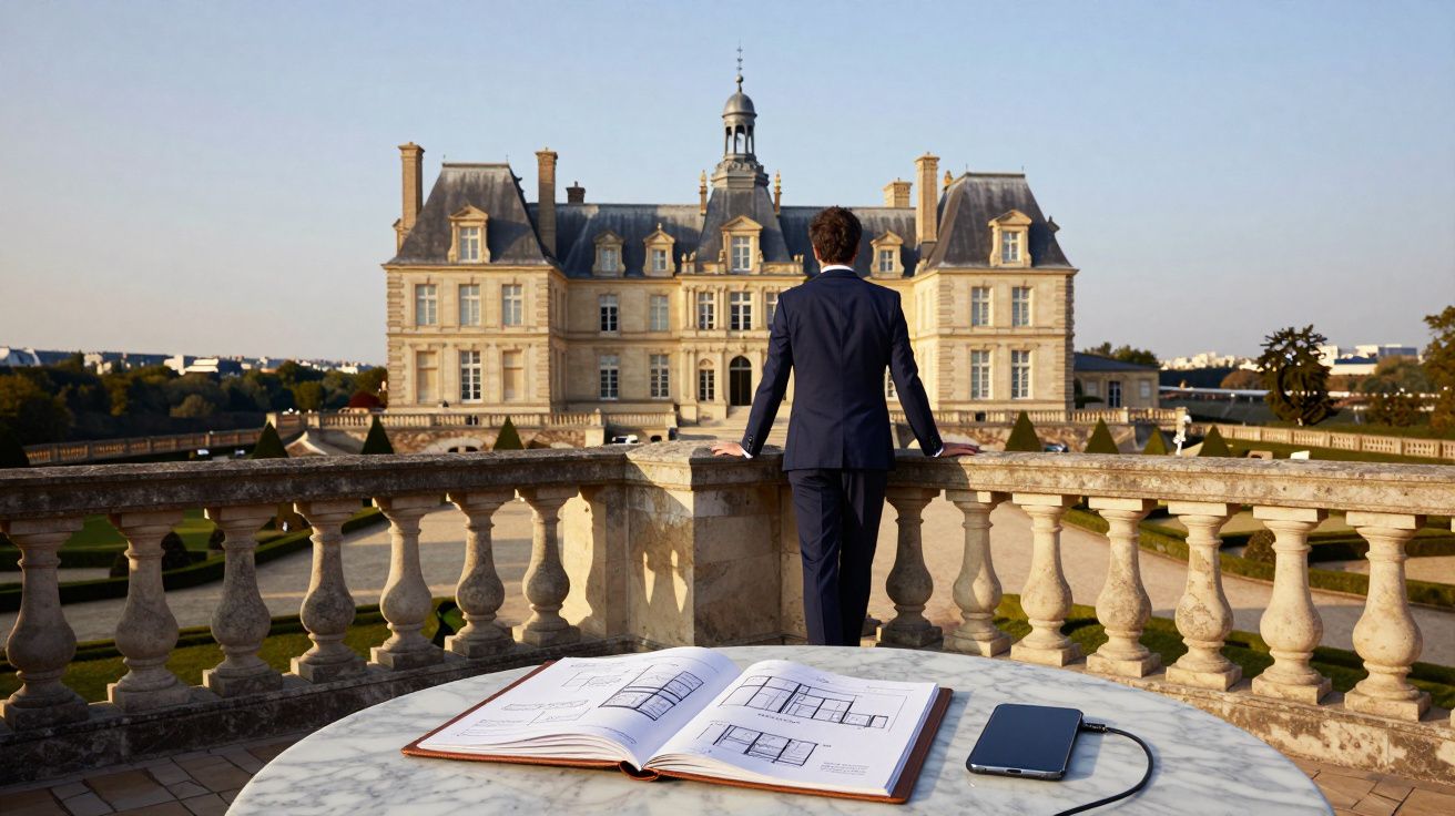 Homem de fato a observar um palácio antigo, com planta arquitetónica e telemóvel numa mesa em primeiro plano.