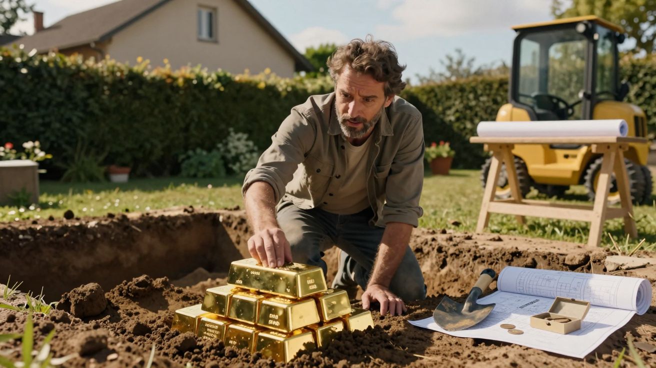 Homem desenterra barras de ouro num buraco no jardim, com ferramentas e plantas ao redor.