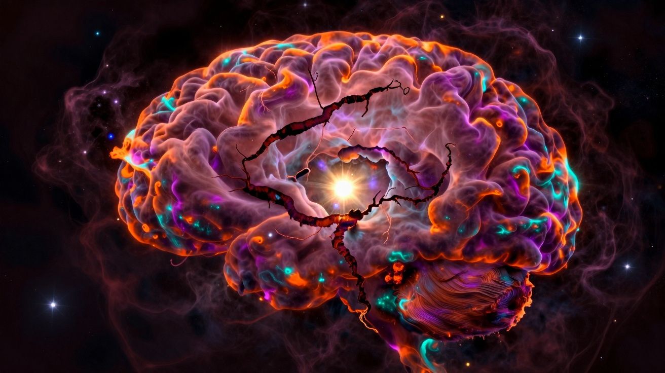 Ilustração colorida de um cérebro humano com luz brilhante no centro e detalhes vibrantes em roxo, laranja e azul.
