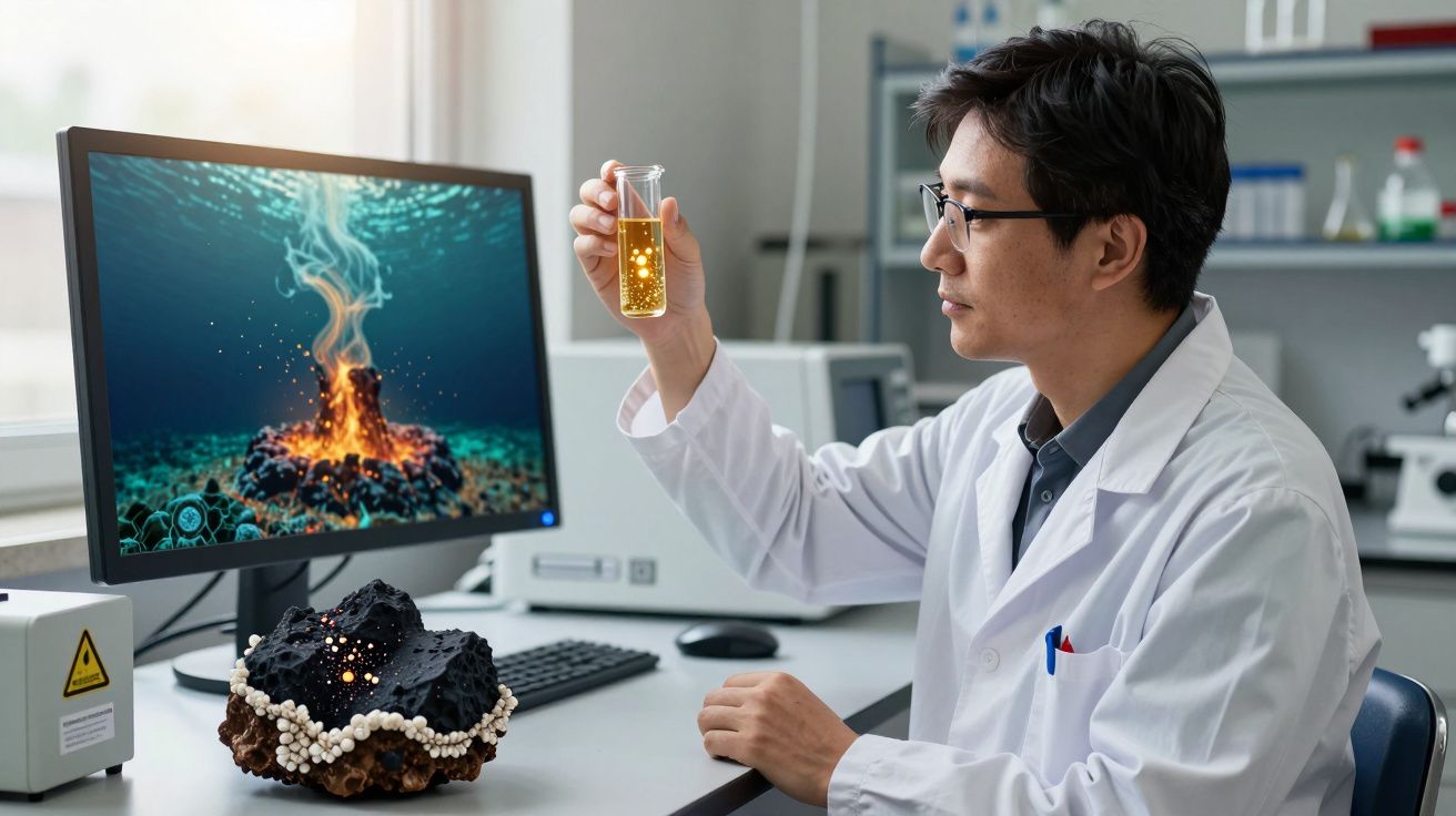 Cientista de bata branca analisa líquido amarelo em laboratório com imagem de vulcão subaquático no ecrã do computador.
