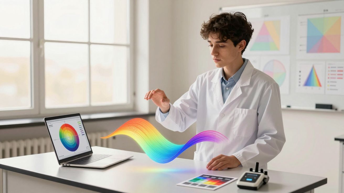 Cientista em bata branca interage com visualização colorida de espectro de luz num laboratório moderno.