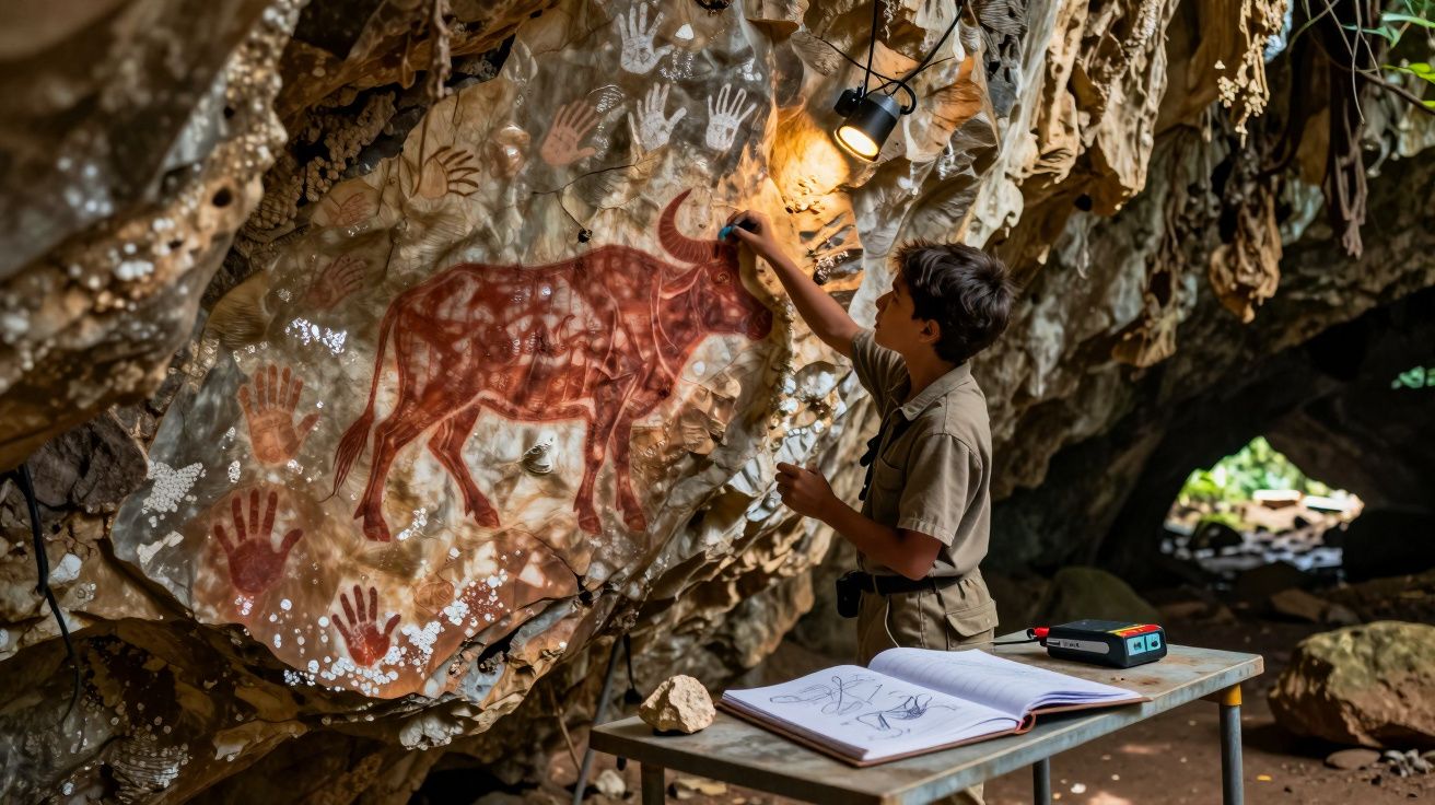 Criança a desenhar pintura rupestre de auroque numa gruta, com mãos pintadas à volta e livro aberto na mesa.