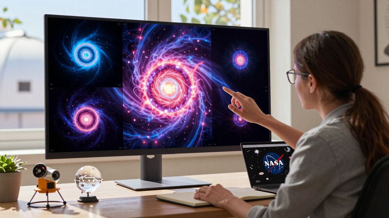 Pessoa a analisar imagens de galáxias espirais num ecrã de computador com logótipo da NASA num portátil.