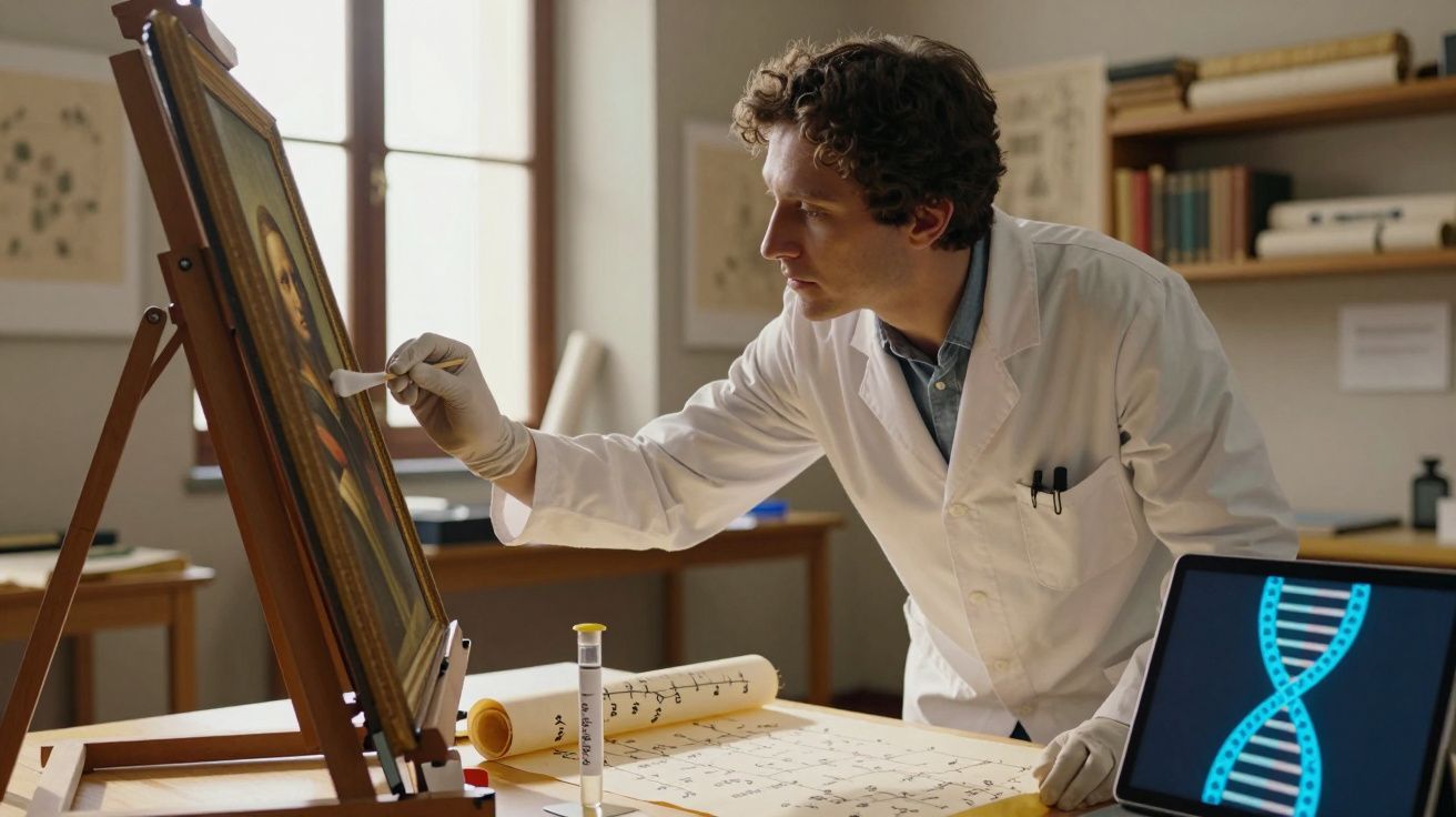 Homem em bata branca a restaurar pintura clássica numa sala com mesa, pergaminhos e ecrã com imagem de ADN.